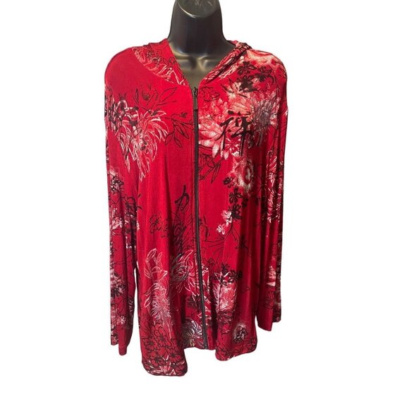 Chico’s Red Floral Asian Inspired Hooded Full Zip Jacket Sz XL - Picture 1 of 11
